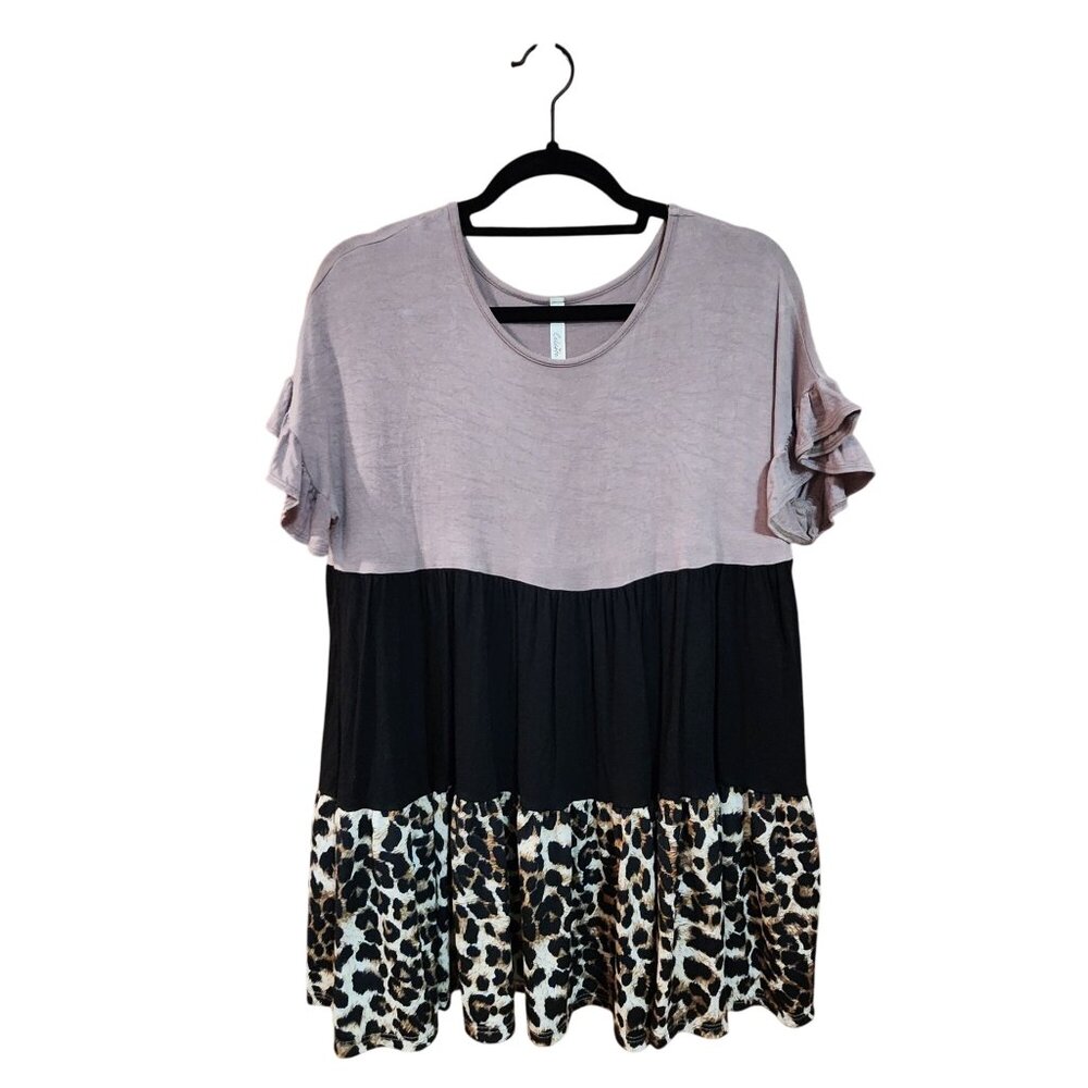 Color Block Ruffle Sleeve Tunic Top With Leopard Print Hemline